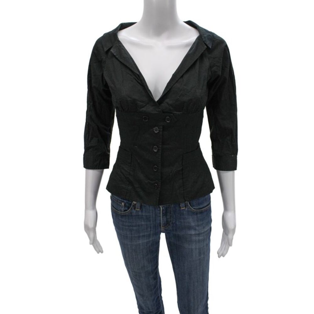 Byron Lars Women Collared Black Button-Up 3/4 Sleeve Cotton Spandex Size 4